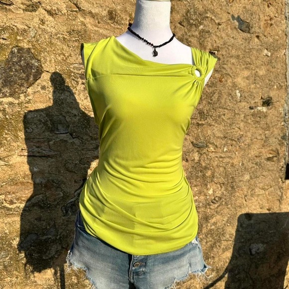 Tops - Premise lime green asymmetrical top with button detail Size L